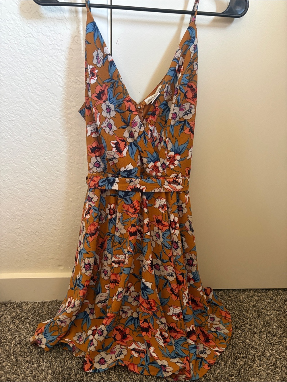 Charlotte Russe Mustard Floral Spaghetti-Strap Dress